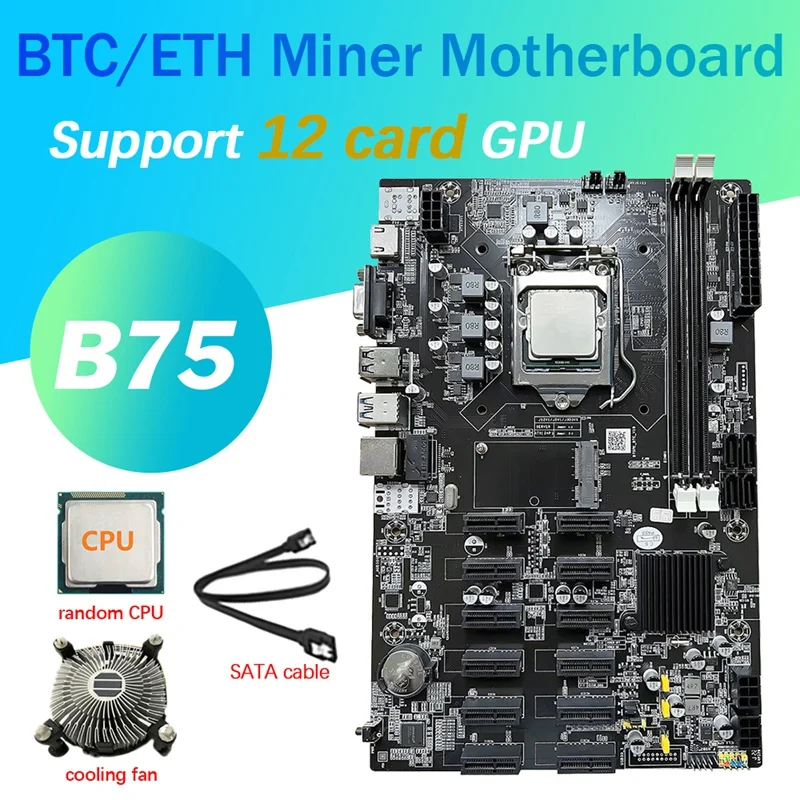 

12 Cards B75 BTC Mining Motherboard+CPU+CPU Fan+SATA Cable 12 PCI-E To USB3.0 Slot LGA1155 DDR3 MSATA ETH Bitcoin Miner