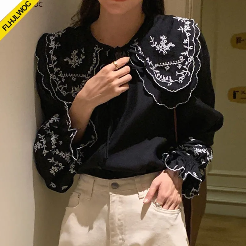 Фото Женские топы Mori Girls из Южной Кореи, милые, нежные, хлопковые, с вышивкой, в стиле преппи, винтажные, с воротником Питер Пэн, тонкие рубашки-блузки FLHJLWOC №5