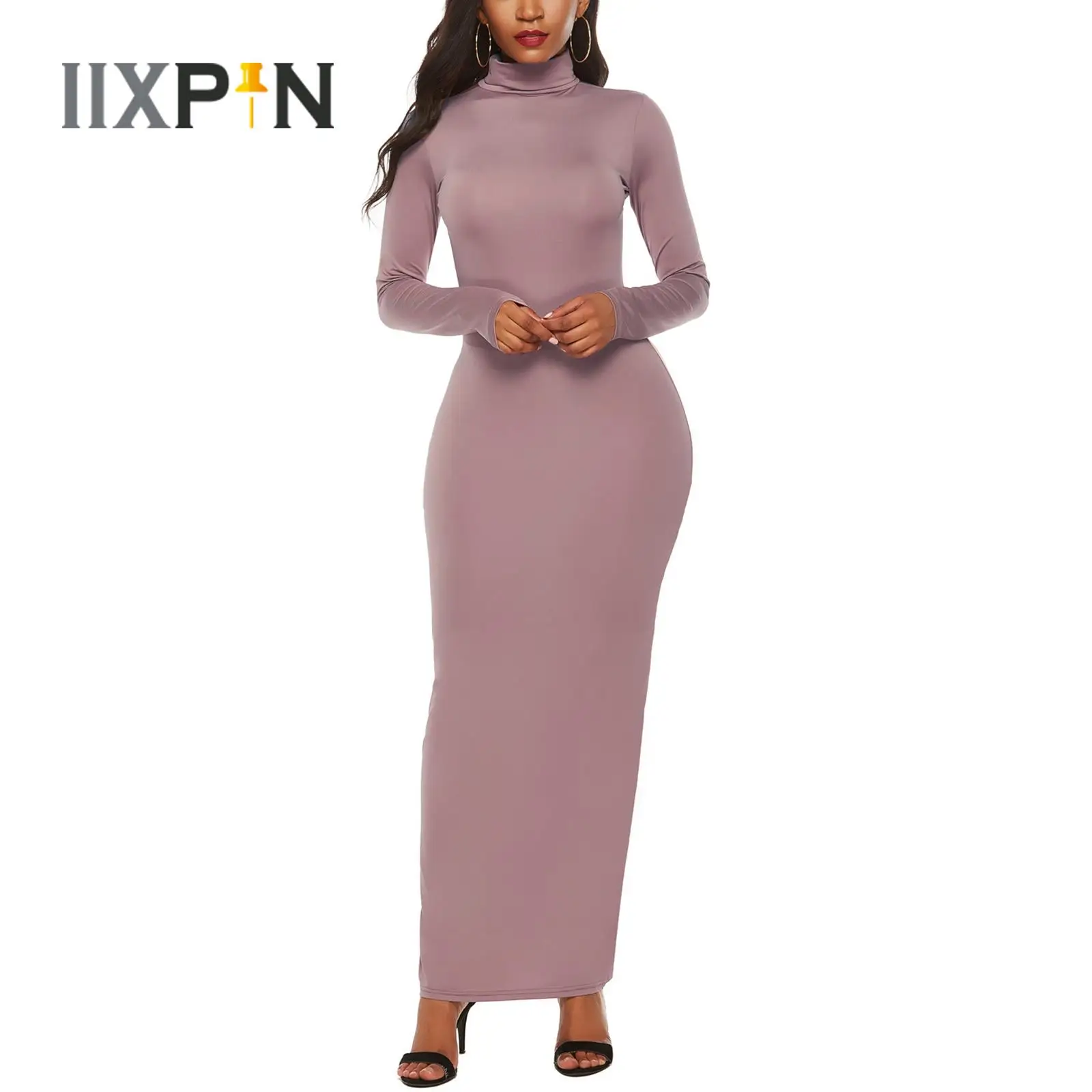 

Женское платье 2023, весна-осень, повседневное облегающее платье с высоким воротником, элегантное вечернее Клубное однотонное стрейчевое пла...