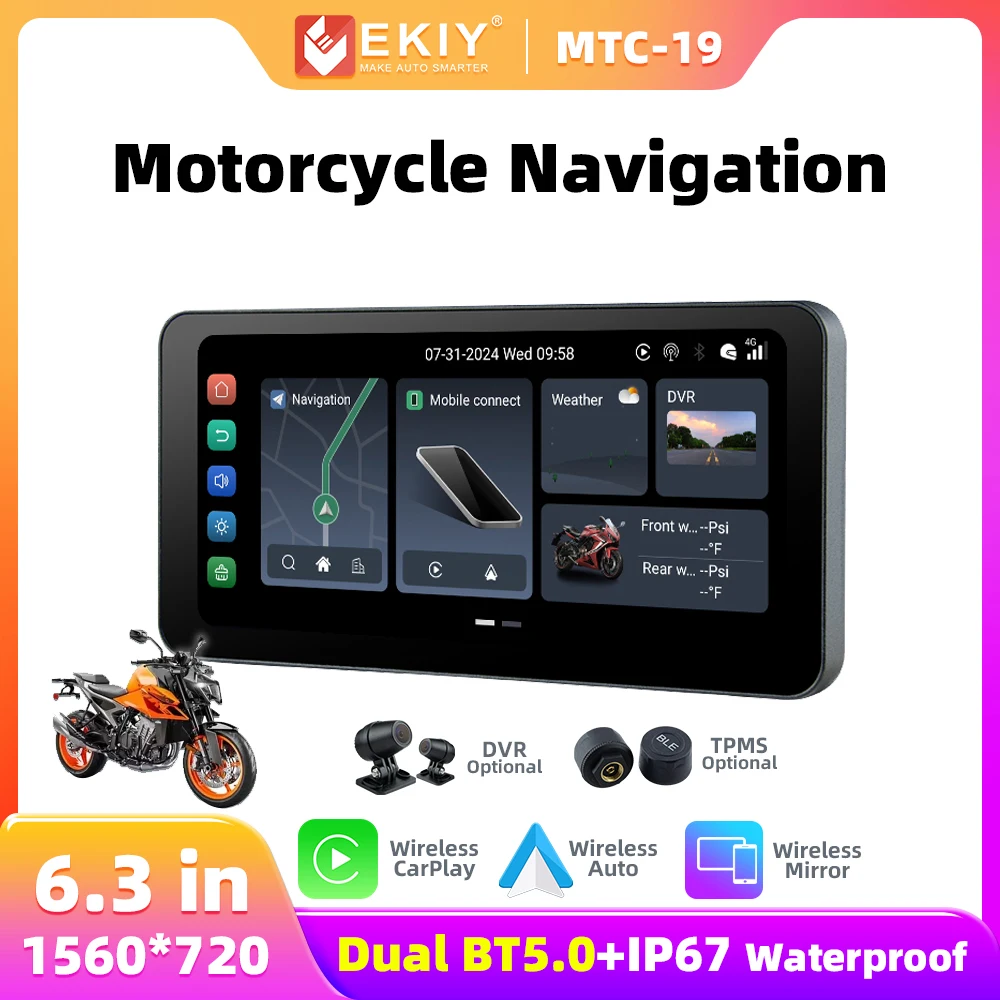 EKIY MTC19 6.3 Мотоциклетная навигация Беспроводной CarPlay Дисплей Экран TPMS DVR Двойной BT