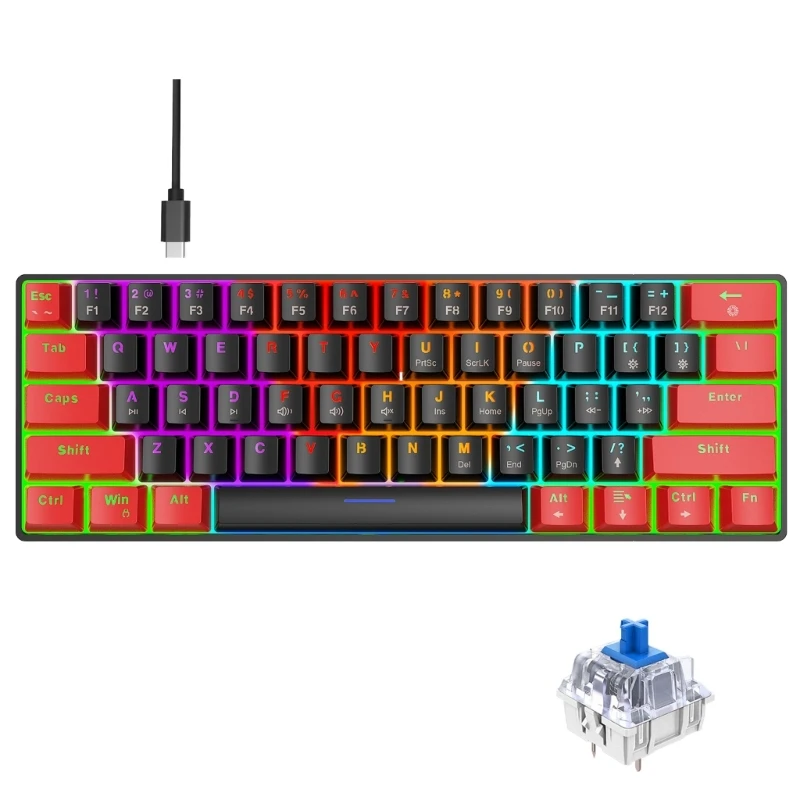 

Portable 61Keys Mechanical Gaming Keyboard Features Hot-Swappable Switches