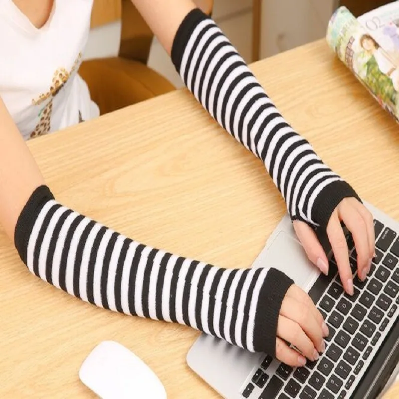 

1Pair Women Girls Hand Arm Warmer Fingerless Cotton Long Glove Wristband Arm Cover Long Sleeve Soft Striped Elbow Knitted Gloves