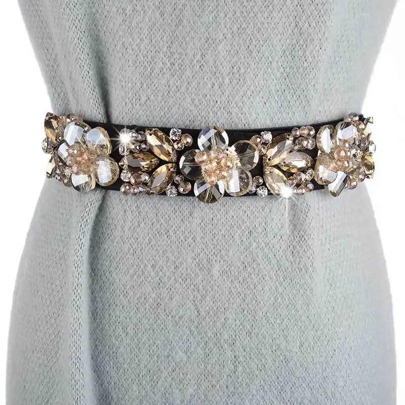 New Woman Waist Belt Fashion Handmade Rhinestone Inlaid Elastic Shiny for Female Dresses Coat Shirt Wide Belt Waistband Sashes