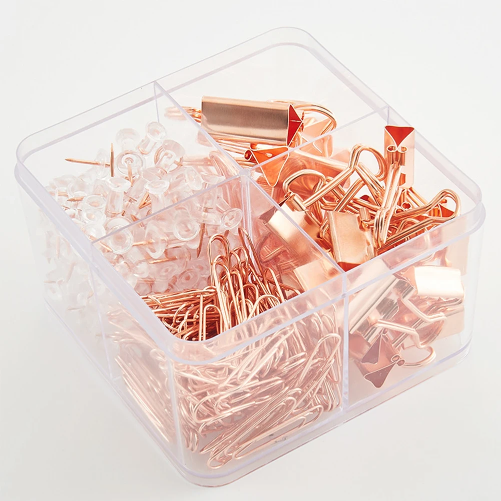 

226pcs Paper Clips Set With Storage Box Rose Gold Assorted Desktop Organizer Metal Office Supplies Stationery Home Binder Clamps