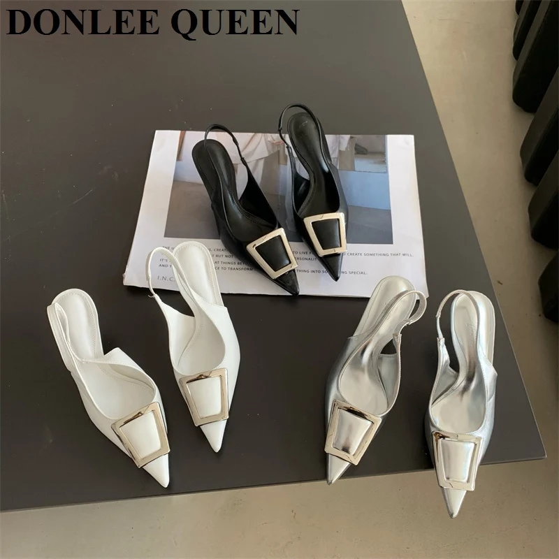 Fashion High Heel Shoes Women Slingback Sandals Female Pointed Toe Elegant Pumps For Party Shoes Brand Buckle Slip On Mule Mujer