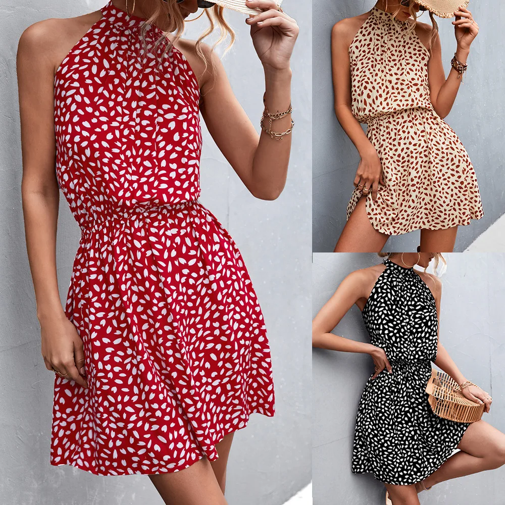 

Street Nightclub Simple Fashion Sexy Off-The-Shoulder Halter Neck Strap Print Dress Short Skirt