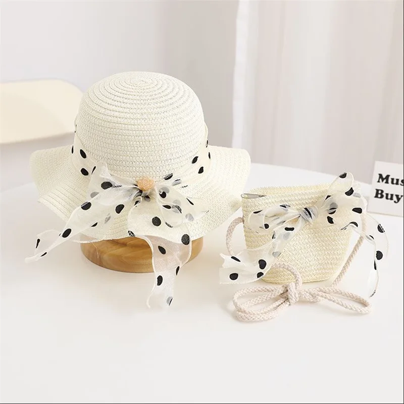 

Little Girls Hand Bag Bowknot Dot Straw Crossbody Shoulder Bag Sun Hat Beach Boho Bag Set
