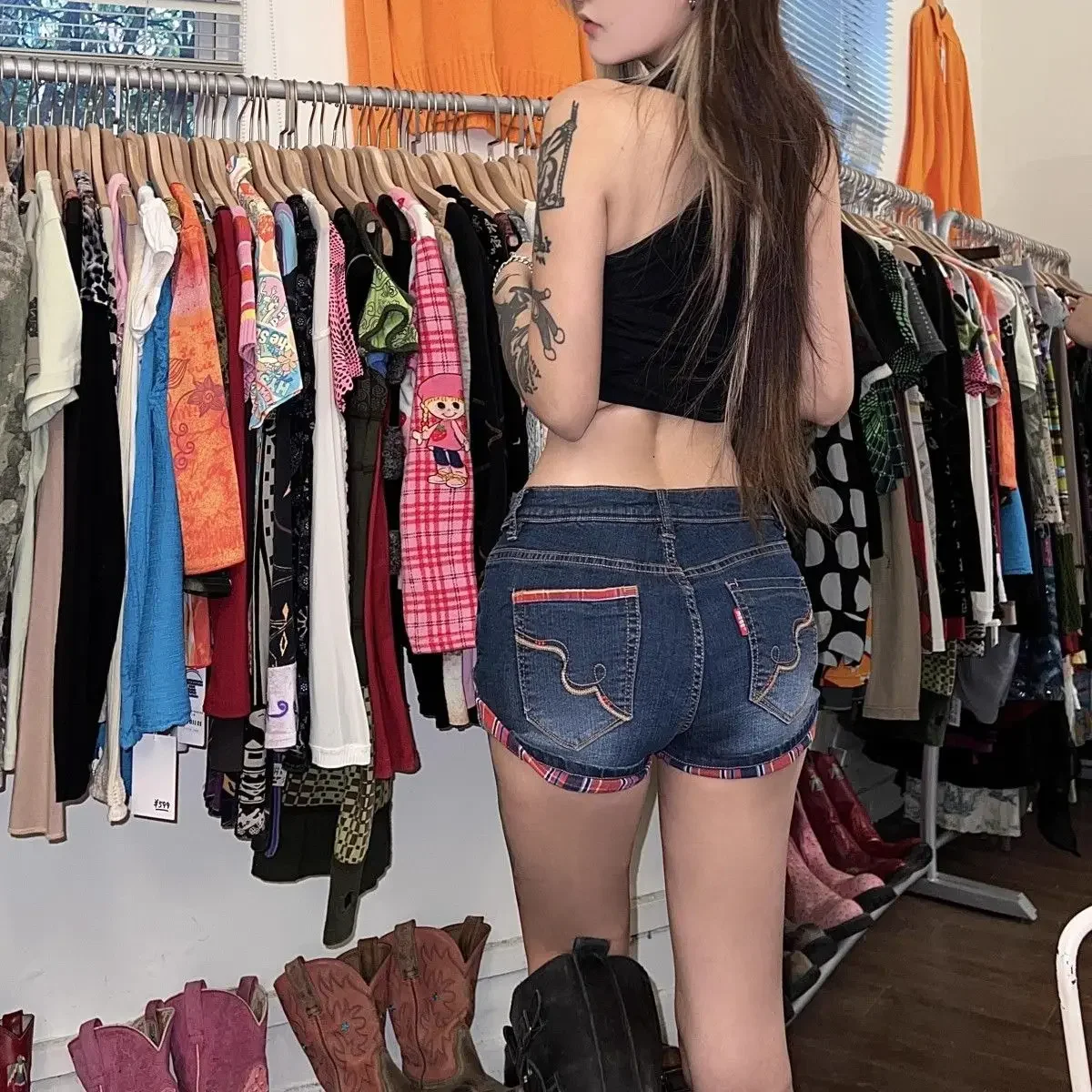 Клетчатые Лоскутные шорты с заниженной талией джинсовые винтажные пикантные