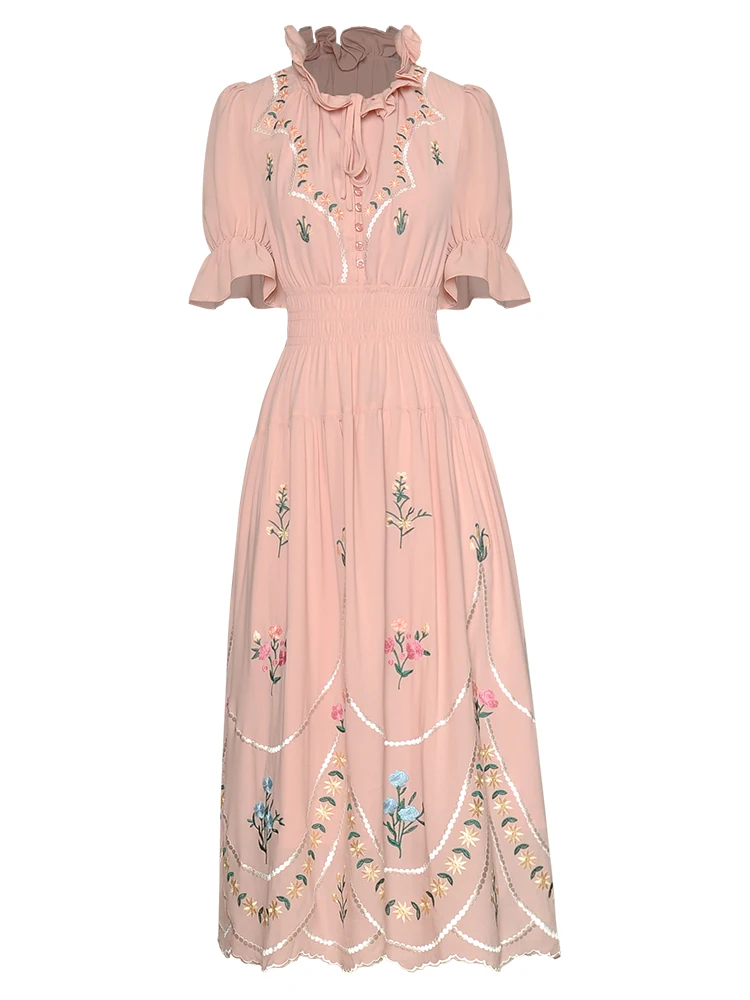 

Fashion 2022 Summer New High Quality Women's Party Casual Sexy Vintage Elegant Chic Short Sleeves Embroidered Midi Pink Dress
