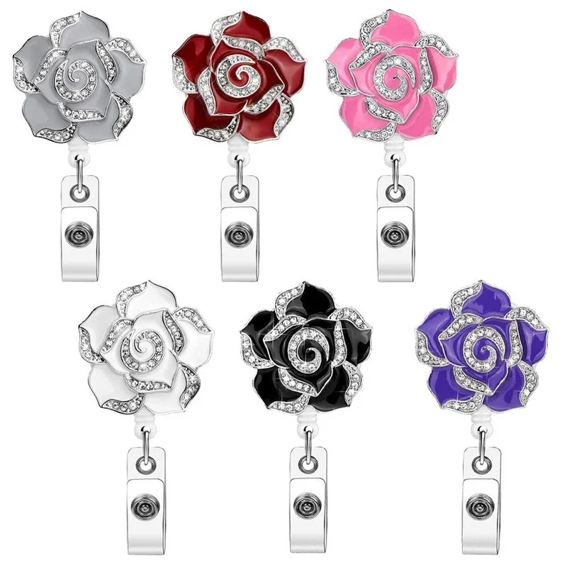 

Rose Flower Diamond Badge Reel ID Card Holders Clip Name Badges Work Pass Card Reels Retractable Lanyard Chest Tag Clip Reel
