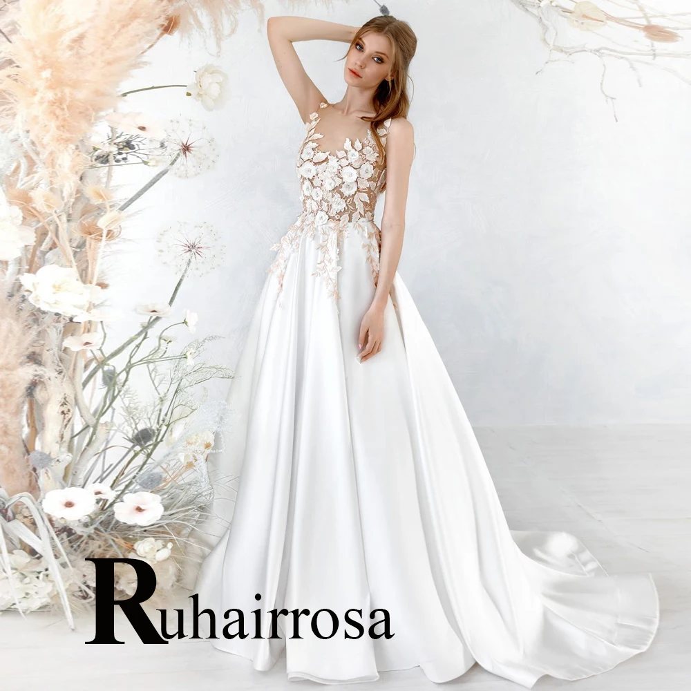 

Ruhair Fancy Charming Scoop Satin Wedding Dress 2022 Mariages A-Line Sleeveless Appliques Lace Robe De Mariée Formal Brides Gown