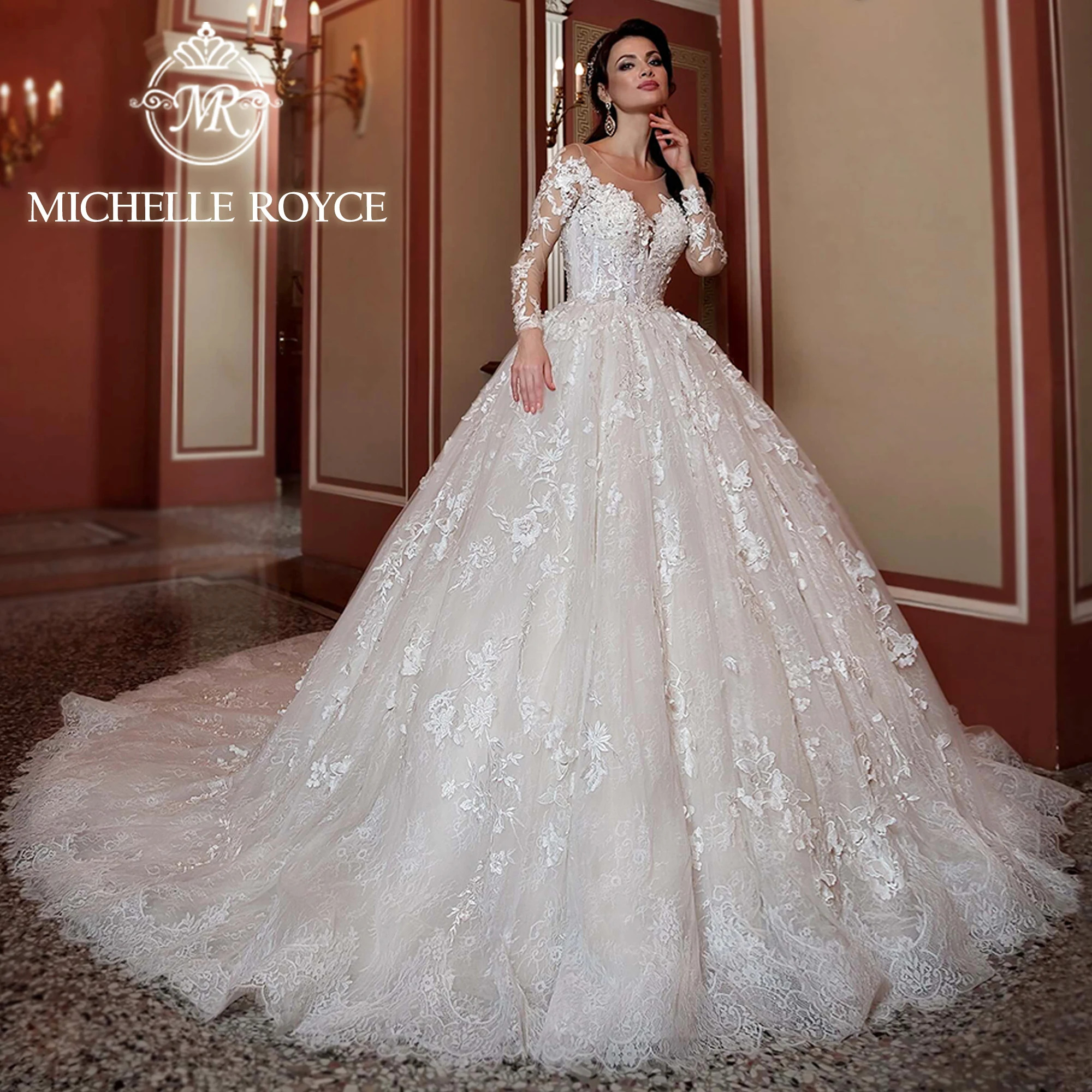 

Michelle Royce Luxury Ball Gown Wedding Dress 2023 Sweetheart Appliques Illusion Beading Backless Wedding Gown Vestidos De Novia