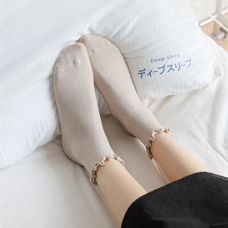 5pairs Socks Women's Spring and Summer Style Wooden Ear Tube Socks Lace Tide Cotton Socks