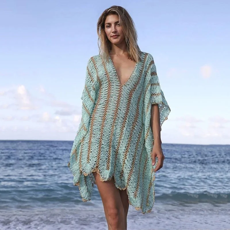 

TEELYNN Sexy Women Beachwear See Through Knit Hollow Out Bikini Cover Up Swimwear Deep V Neck Boho Beach Dress Cover-Ups Vestido