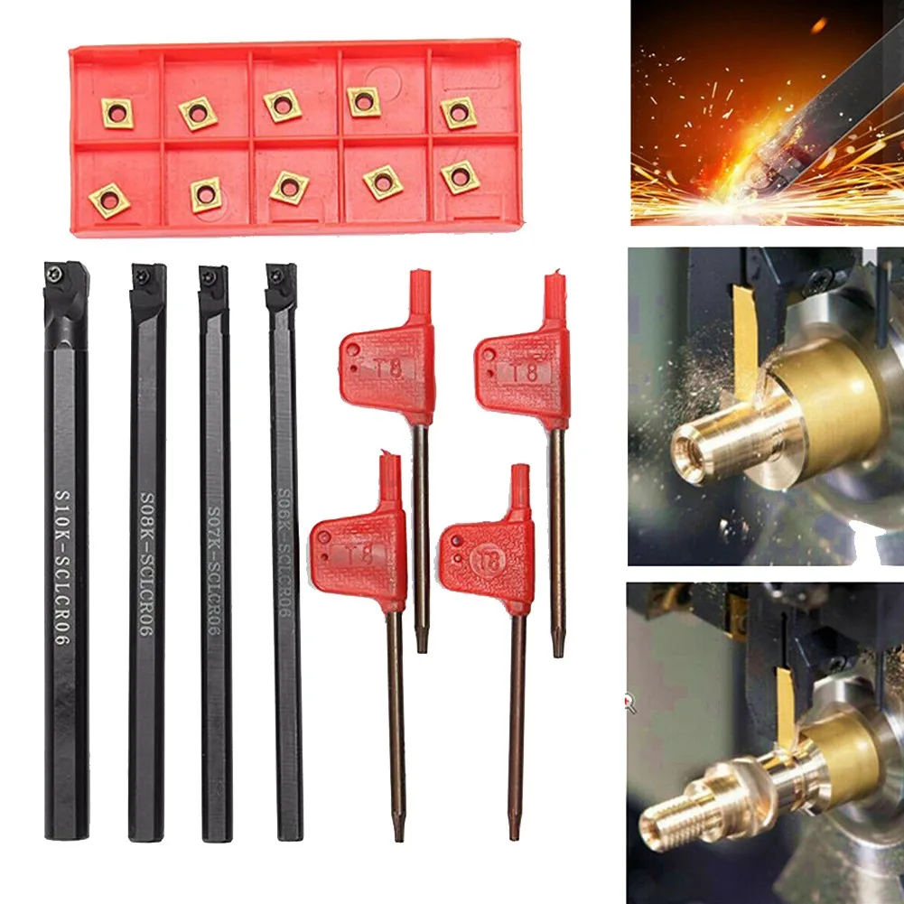 

6/7/8/10mm SCLCR06 Turning Tools Lathe Boring Bar & 10x CCMT060204-HM Inserts Holder Boring Lathe Cutter Turning Rod Carbide