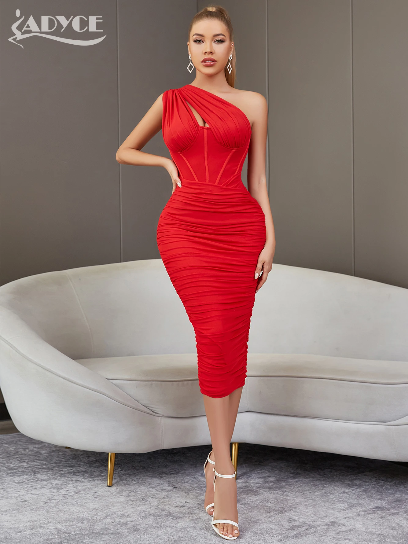 

Adyce Fashion Women One Shoulder Midi Dress Elegant Red Mesh Sexy Hollow Out Evening Celebrity Party Club Summer Dresses Outfits