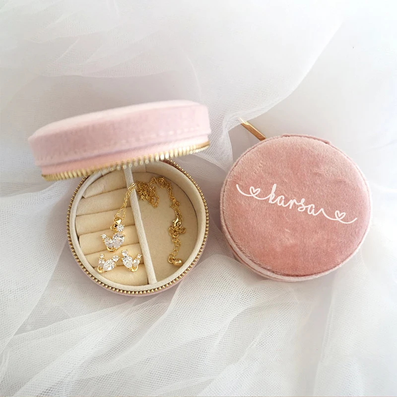 

Customizable Velvet Jewelry Box Round 100% Italian Velvet MINI Travel Round Zipper Jewelry Case Personalized Jewelry Travel Case