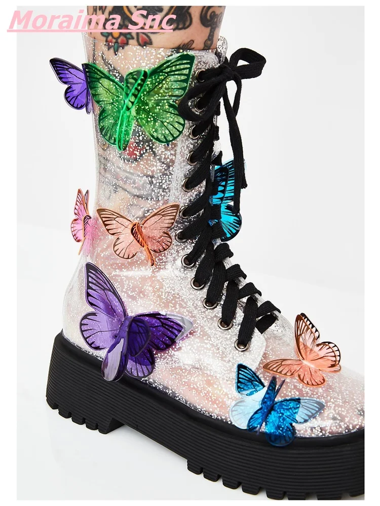 New Transparent PU Mid-Calf Boots Platform Colorful  Butterfly Comfortable Lace Up Round Toe Height Increasing Fashion Hottest