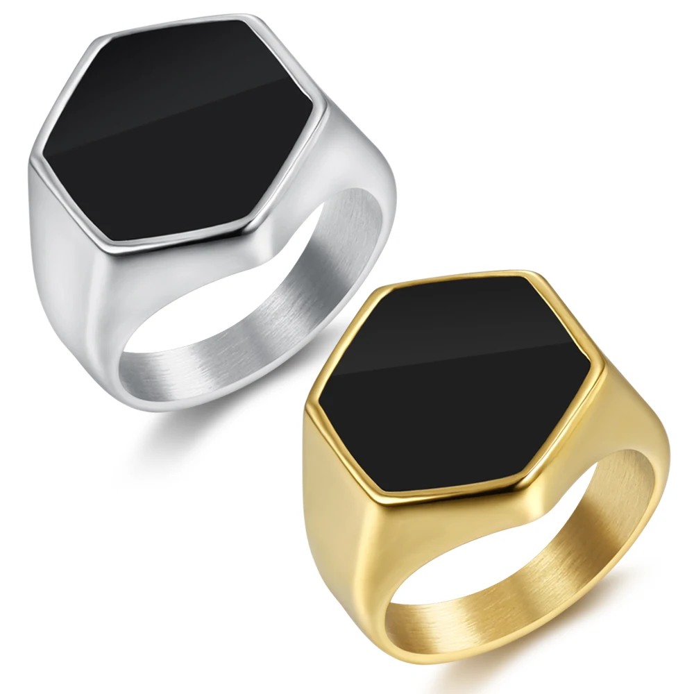 Size 7-13 Custom Minimalist Titanium Steel Black Epoxy Signet Ring Gold Geometric Hexagon Pinky Ring for Men Women
