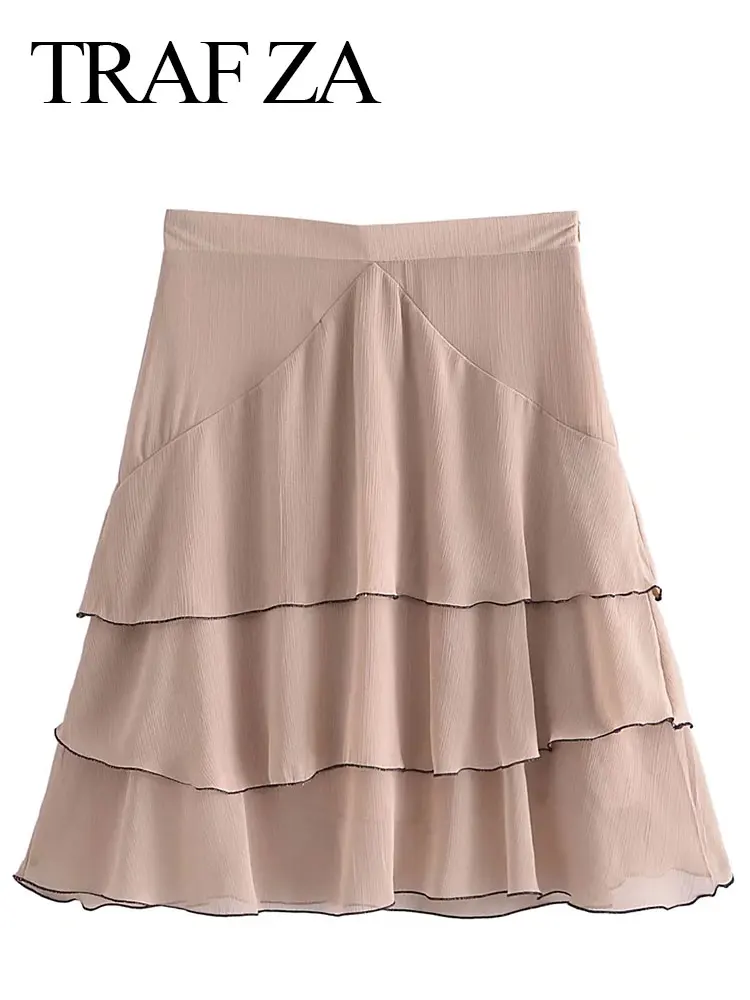

TRAF ZA Summer Chiffon Skirt Fashion High Waist Zipper Layered Ruffles A-line Solid Chic Sweet Cute Girly Style Women Clothes