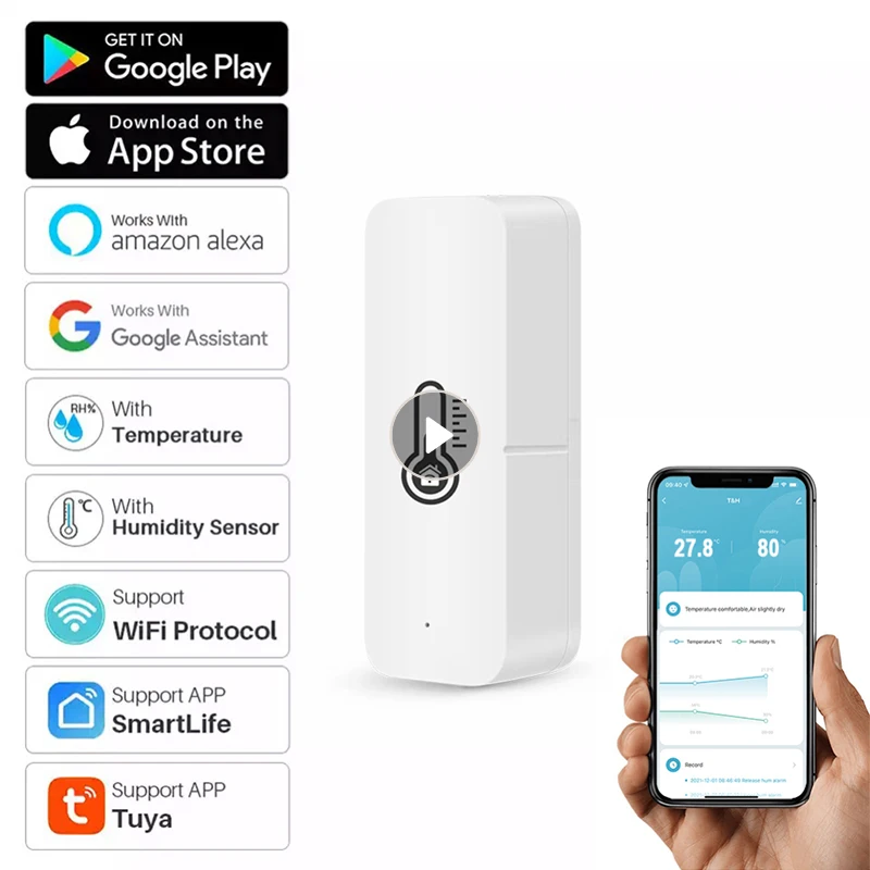 

Умный датчик температуры и влажности Tuya, Wi-Fi/Bluetooth сенсор с зуммером и голосовым управлением, с поддержкой Alexa и Google Assistant