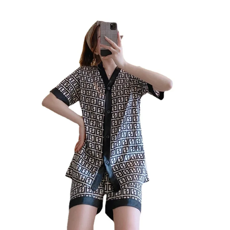 

2022 Spring Luxury Home Suit for women's Pajamas Set Print Sleepwear Satin Leisure Room Wear Nightwear