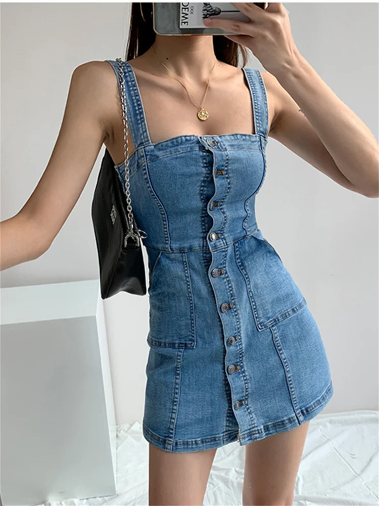 

Женское джинсовое платье на бретельках, синее облегающее короткое платье в Корейском стиле, Классическая уличная одежда с воротником «одно...