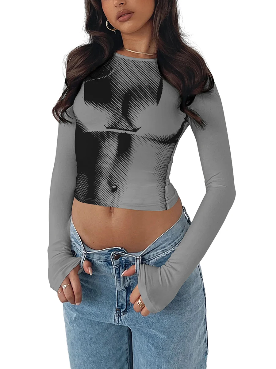 

Women s Gothic Slim Fit Cropped Tops Abstract Body Pattern Long Sleeve Vintage Blouse Round Neck Grunge Fall Shirts