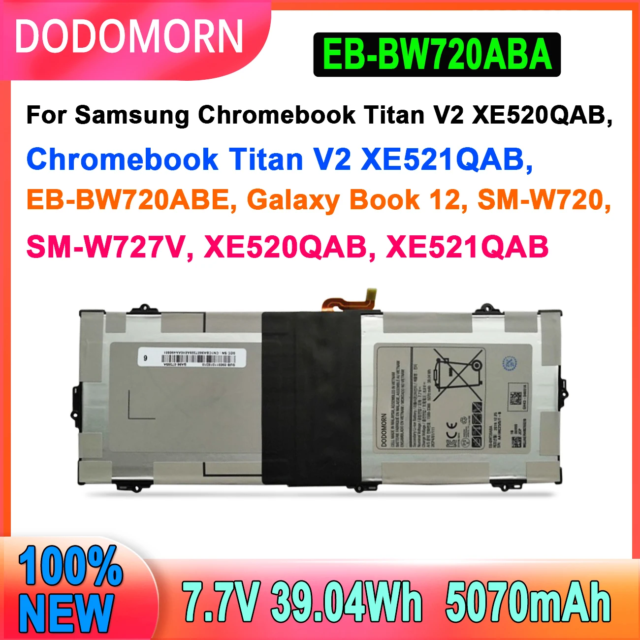

DODOMORN New 100%Testing EB-BW720ABA Battery For Samsung Galaxy Book 12 SM-W720 Chromebook Titan V2 XE520QAB XE521QA SM-W727V