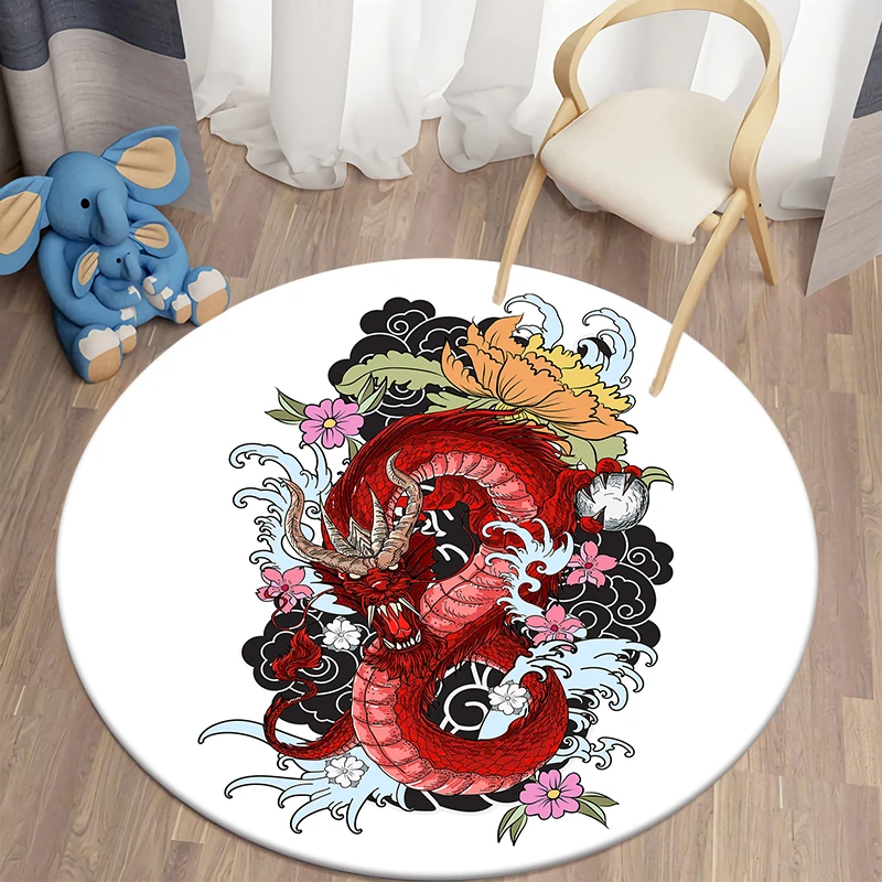 Dragon Art Kawaii Printed Round Carpet for Living Room Rugs Camping Picnic Mats Flannel Anti-Slip Rug Yoga Mat stranger things