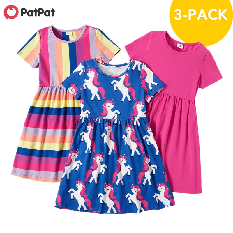

PatPat New Arrival Summer 3-piece Unicorn Allover Striped Print Solid Dresses Children's Clothing