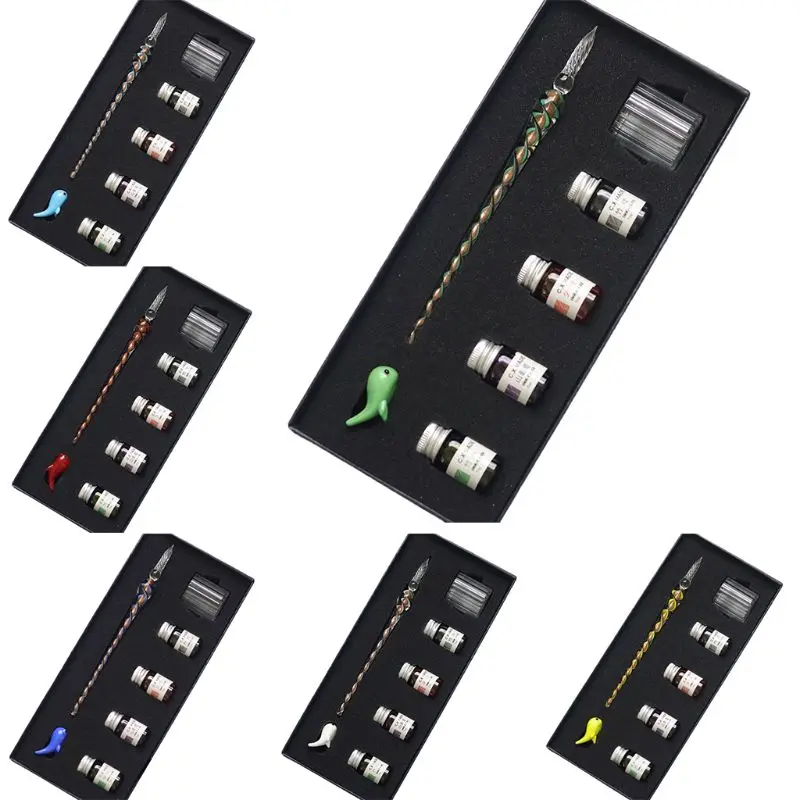 

7PCS/SET Spiral Pattern Glass Pen Dip Writing Ink Crystal Signature Pens Set for School Decoration Gifts Art Drop Shipping
