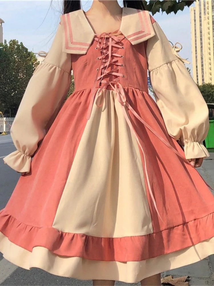 

Japanese Preppy Style Kawaii Lolita Dress Women Sweet Sailor Collar Slim Princess Dresses Girls Student Puff Sleeve Mini Dress