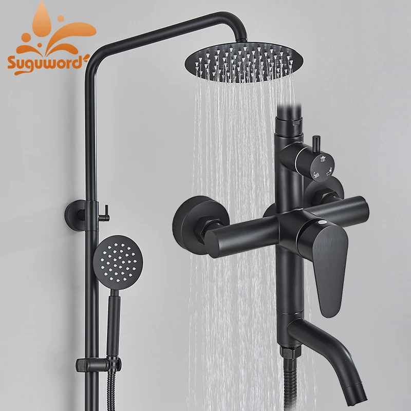 

Matte Black Bathroom Round Shower Faucet Set Rainfall Shower 3 Functions Brass Wall Mount Cold Hot Water Mixer Bathing Crane