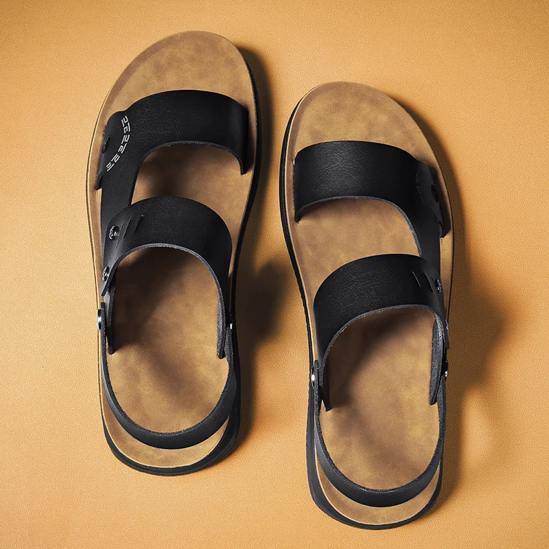 

Roman Style Men Leather Sandals 2022 Summers New High Quality Slippers Classic Black Outdoor Beach Waterproof Portable Casual