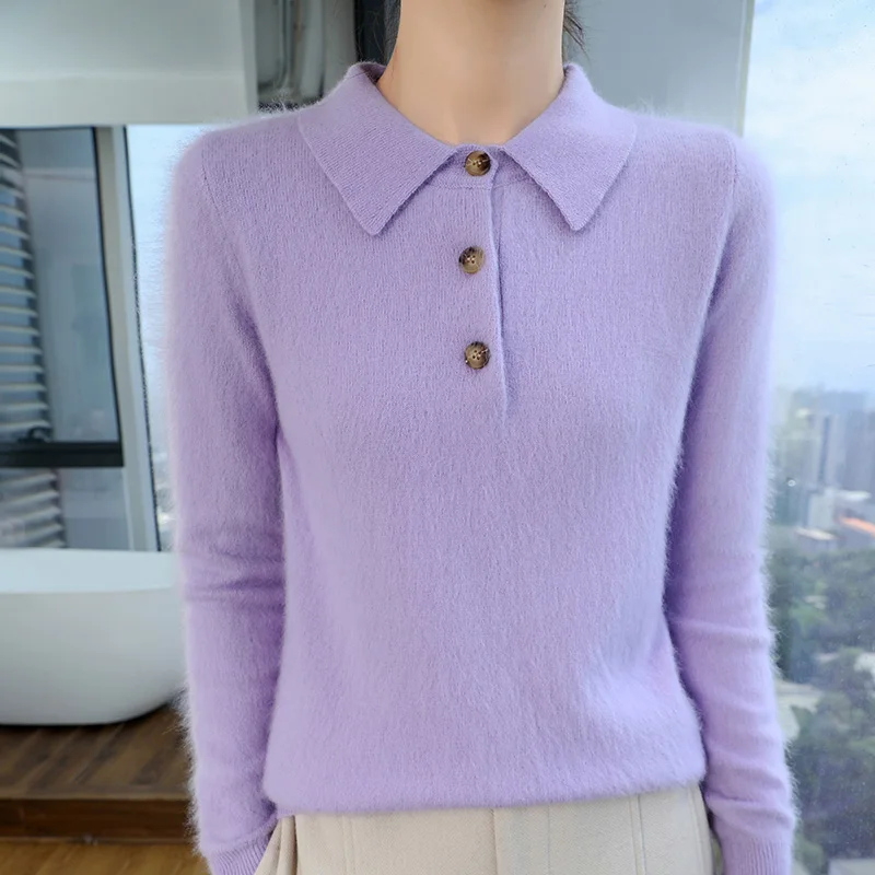 Осенне-зимний женский свитер Bew 100% норковый кашемировый воротник поло вязаный