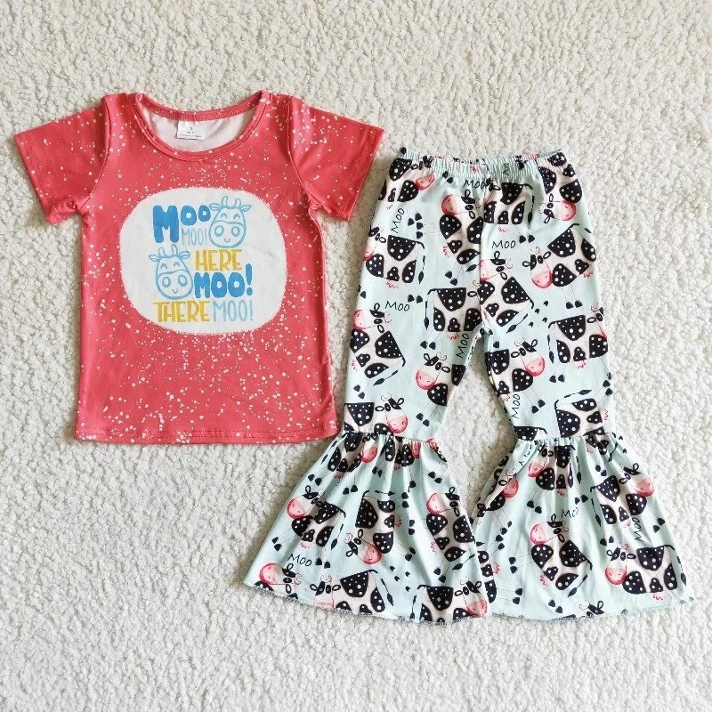 

Wholesale Toddler Western Moo Here Red Shirt Ruffle Cow Bell Pants Children Baby Girls boutique Outfit Fall Spring Kids Clothes