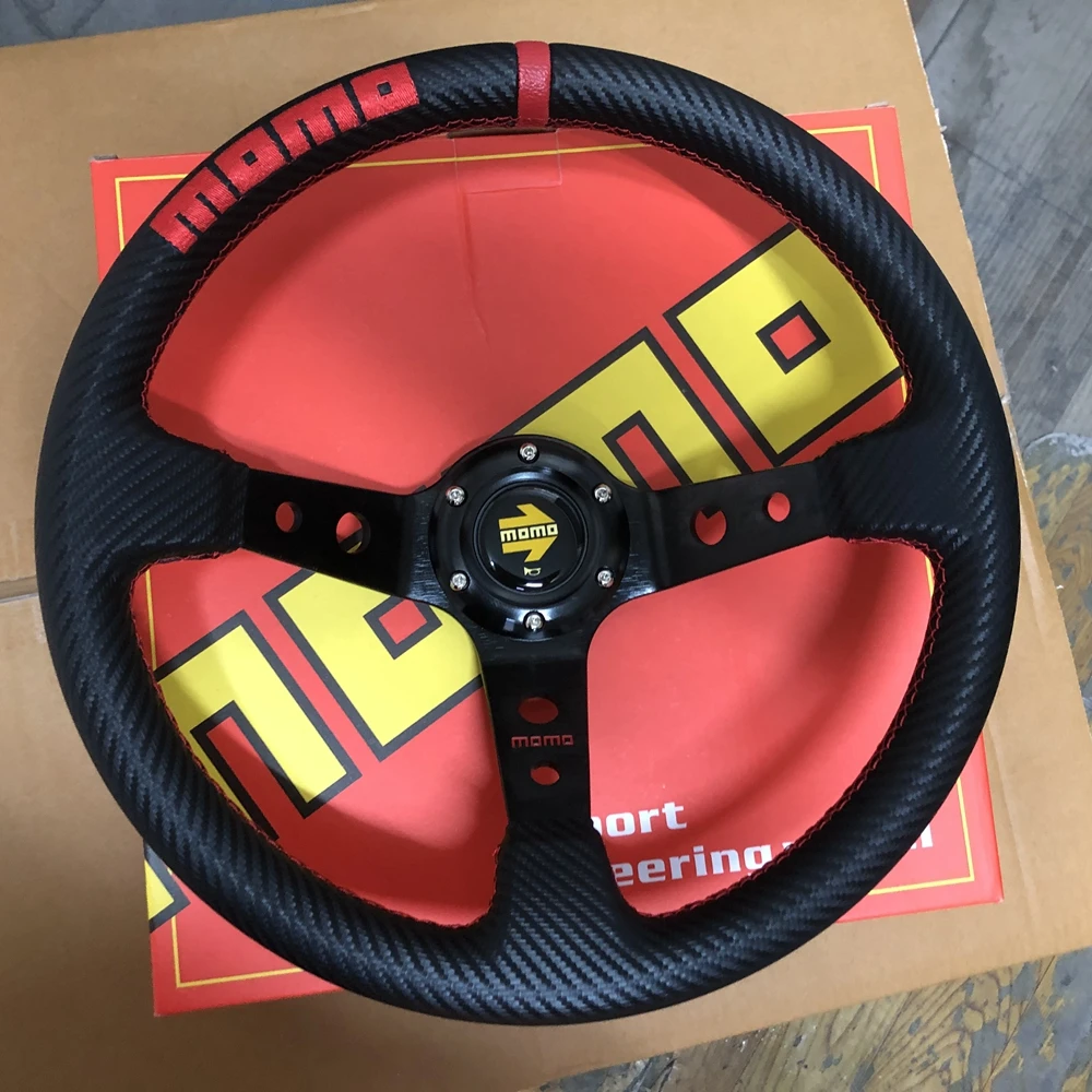 

JDM 14Inch Deep Dish Racing MOMO Steering Wheel Universal Car Carbon Leather Steering Wheel Volantes For VW HONDA TOYOTA BMW