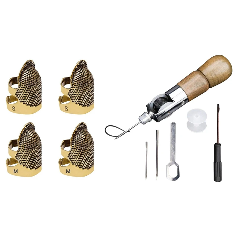 

4 Pcs Sewing Thimble Finger Protector Adjustable Finger Metal & 1Set Wood Handle Leather Sewing Awl Kit