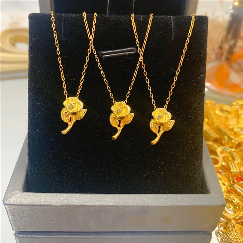 

999 Pure 24K Yellow Gold Pendant Women Rose Flower Necklace Pendant