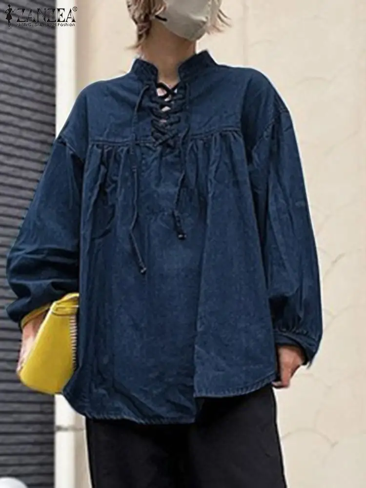 

Рубашка ZANZEA Женская с длинным рукавом, офисный винтажный Топ, туника, Повседневная однотонная джинсовая синяя блузка, свободные блузки большого размера