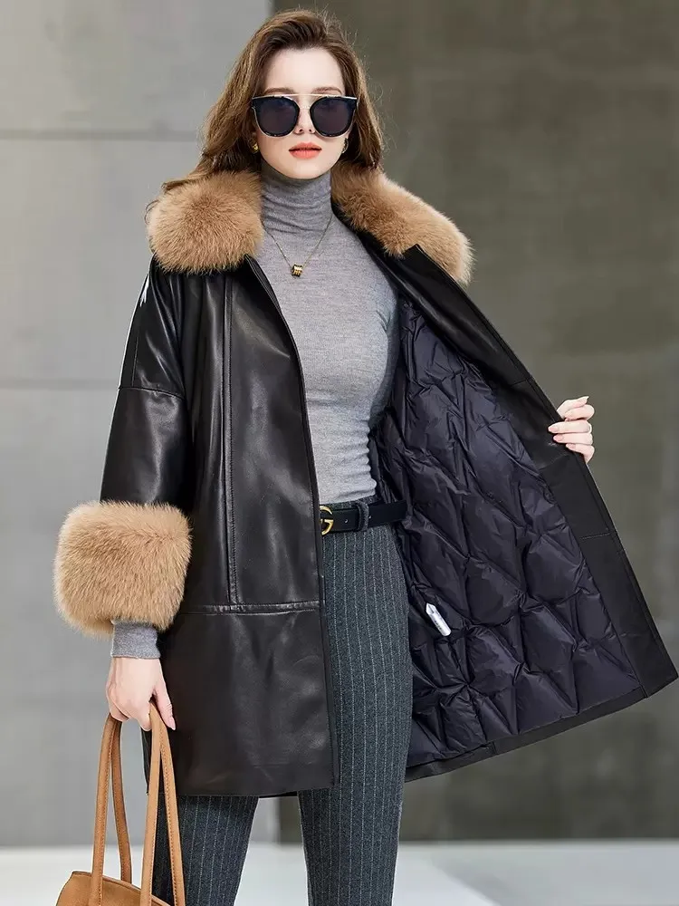 Женское зимнее пальто из натуральной кожи с воротником лисьего меха