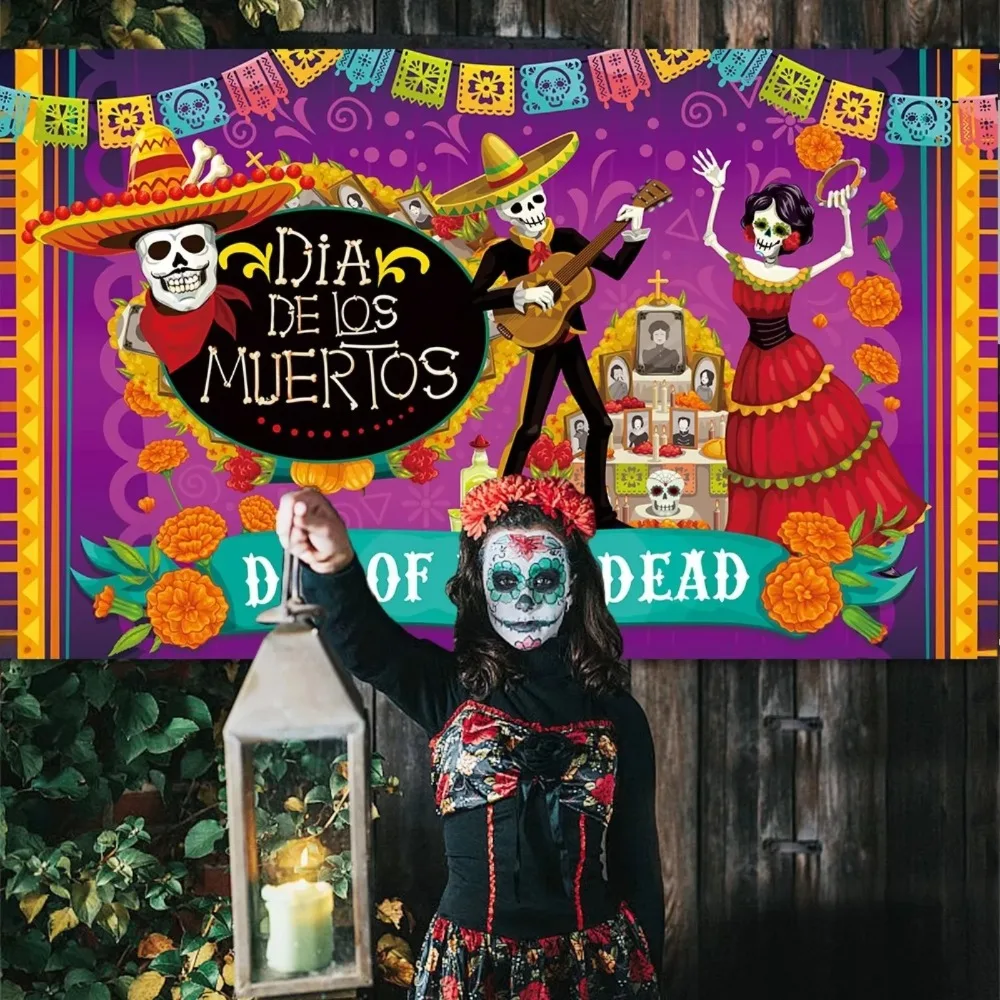 Фото Фон для вечеринки в честь Дня мертвых, мексиканский фон Dia DE Los Muertos, фиеста, сахарный череп, алтарь, реквизит для фотосъемки №3