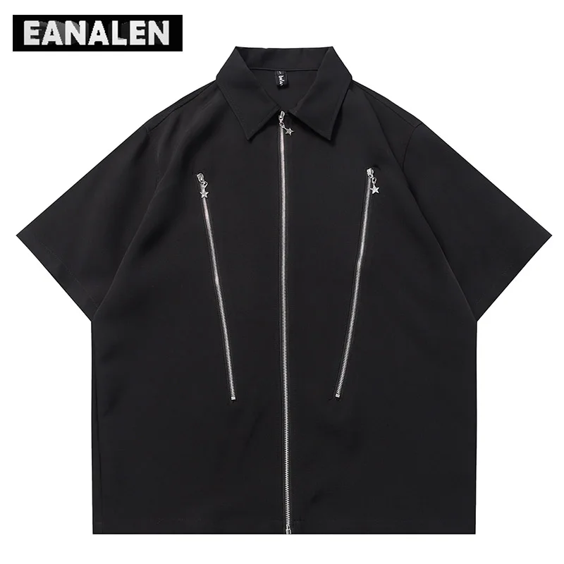 

Harajuku Vintage Black Zipper Shirt Men's Street Clothing Luxury Men's Korean Oversized Gothic Rock Casual Boyfriend Shirt Women