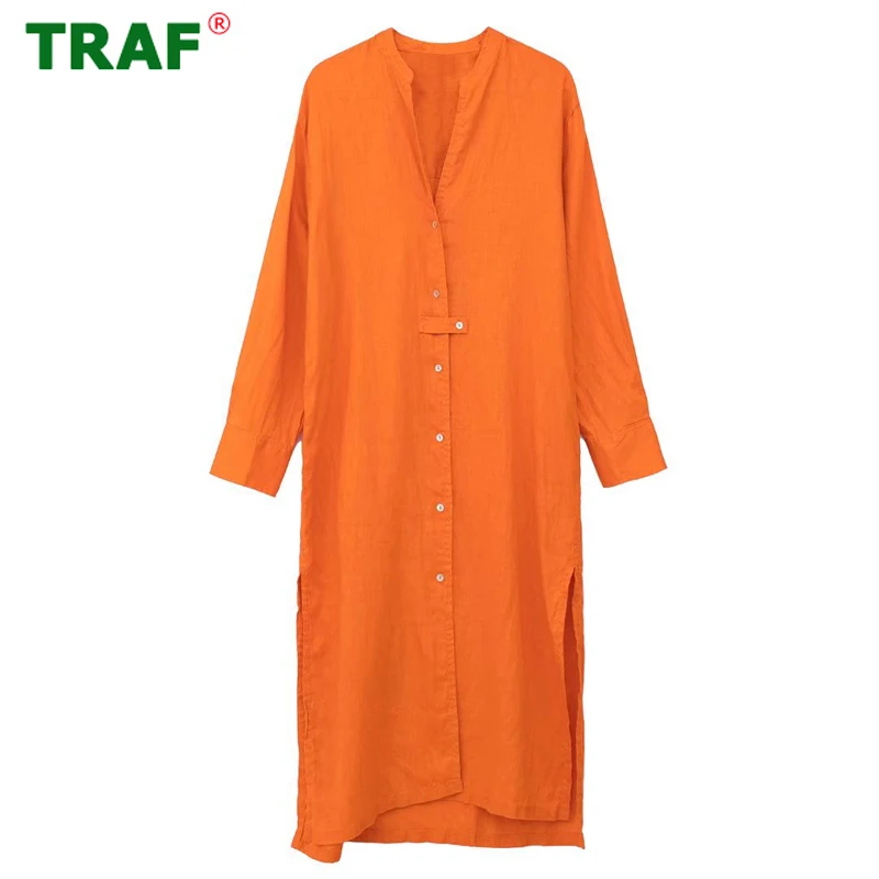 Платье-рубашка женское оранжевое средней длины с длинным рукавом |