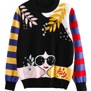 Winter New Contrast Striped Sleeve Embroidery Leaves Beaded Sequins Sunglasses Girls Knit Sweater C-