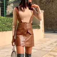 womens pu leather strap single breasted retro brown a line leather skirt high waist artificial leather sling short skirt new