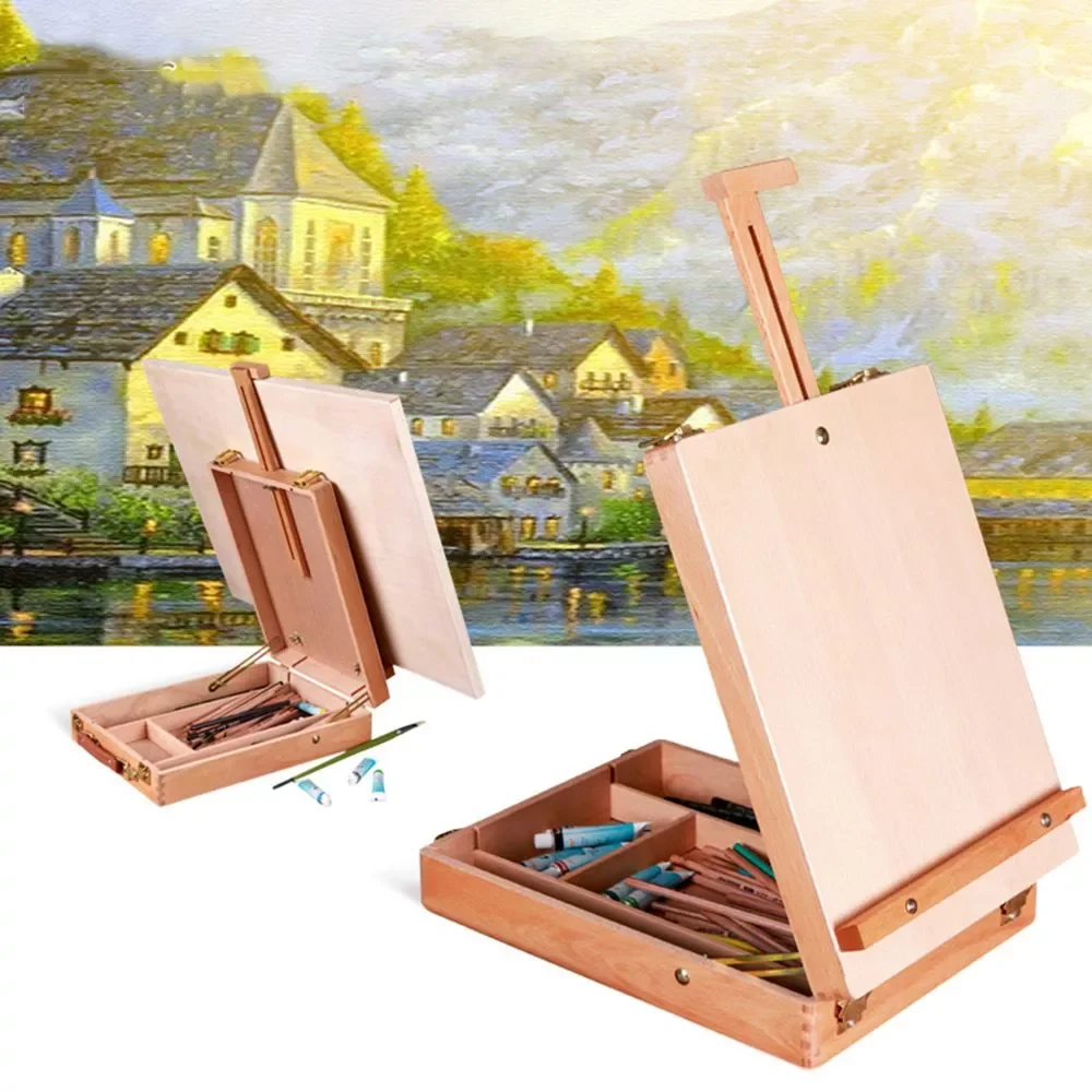 

Foldable Wooden Easel Sketch Drawing Box Artist Oil Painting Suitcase Watercolor Desktop Shelves Art Tools Storage Box