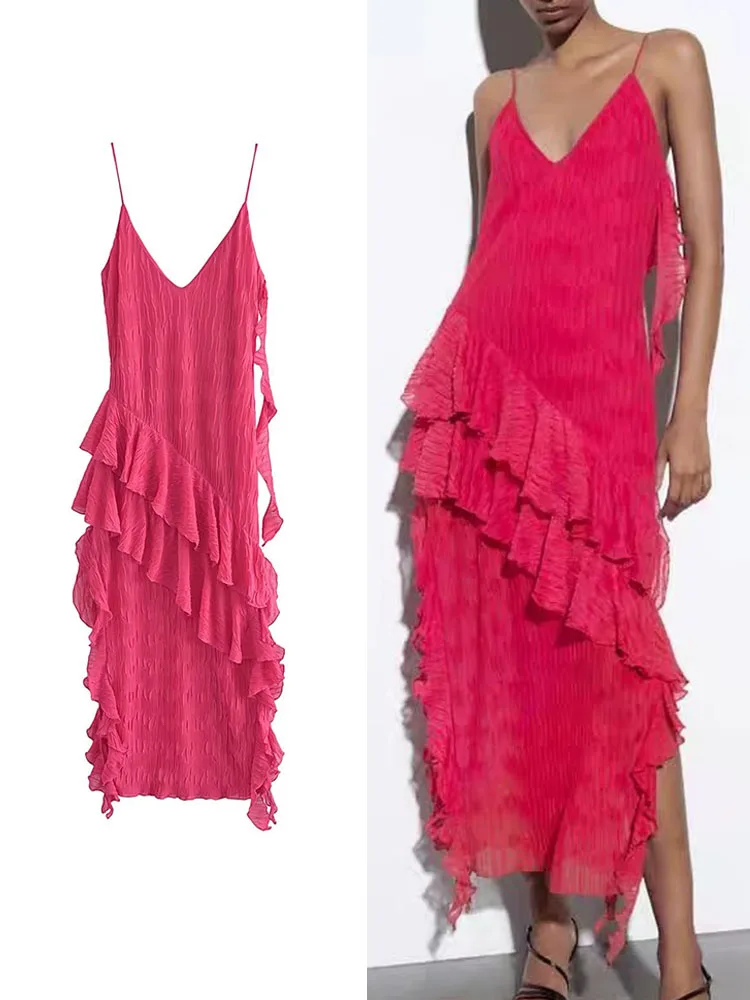 

TRAF Elegant Women Ruffles Mid-Calf Dress 2023 Summer Female Deep V-Neck Sleeveless Solid Dress Fashion Tierred Dress Outwear