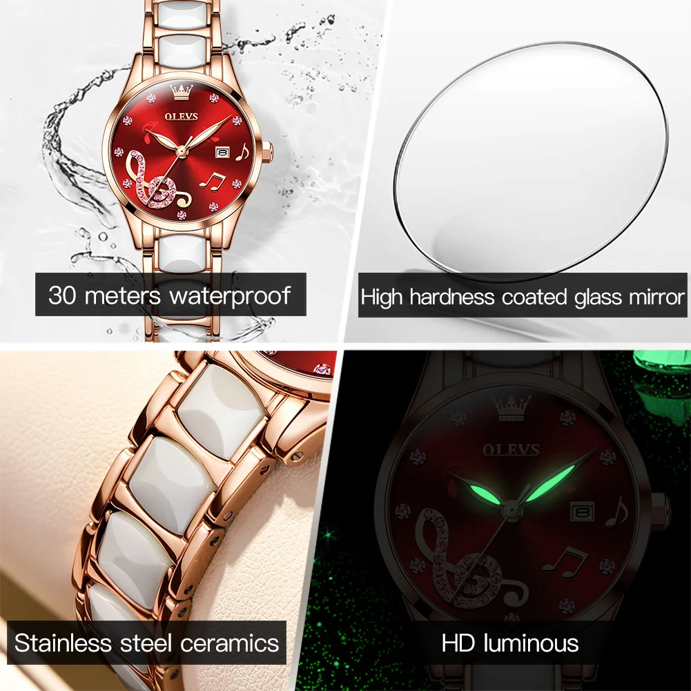 OLEVS Brands Ladies Luxury Ceramic Quartz Watch Bracelet Necklace Suit Fashion Rhinestone Waterproof Calendar Women Wirstwatch